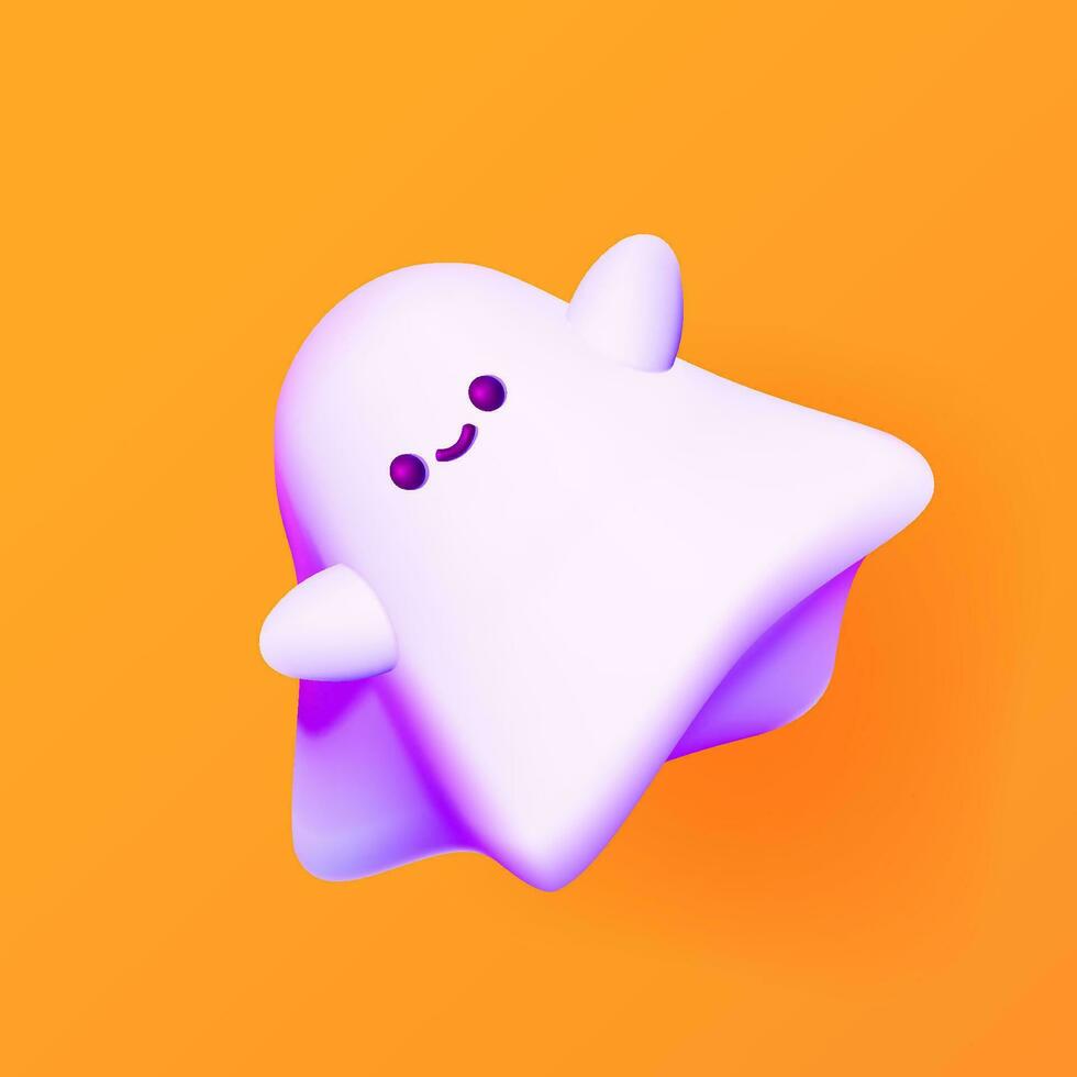 3d cute white ghost on orange background, halloween cartoon character. vector