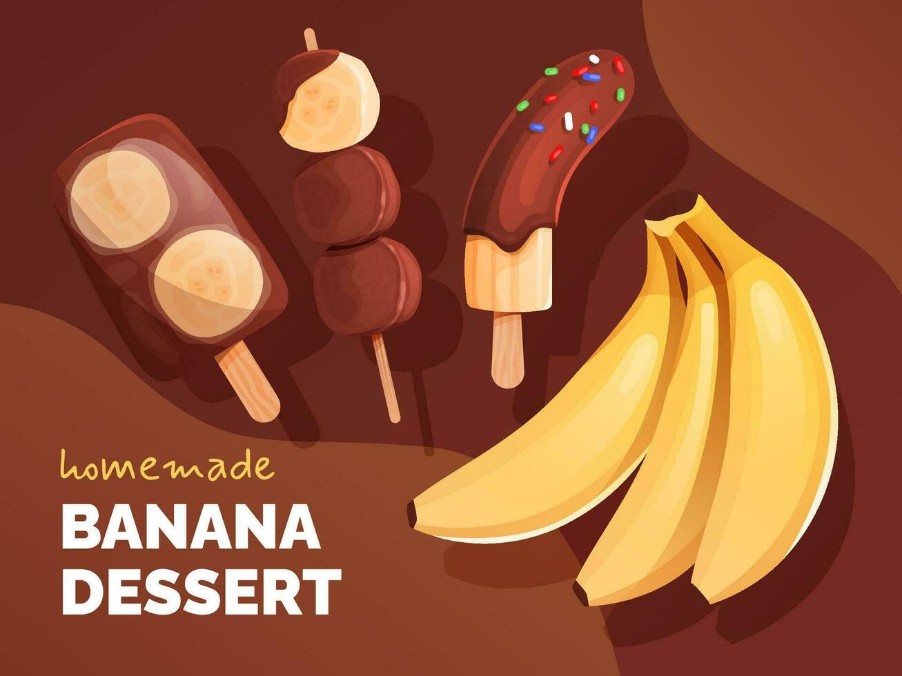 Banner with a bunch of bananas, homemade frozen chocolate covered bananas on a stick and ice cream. vector
