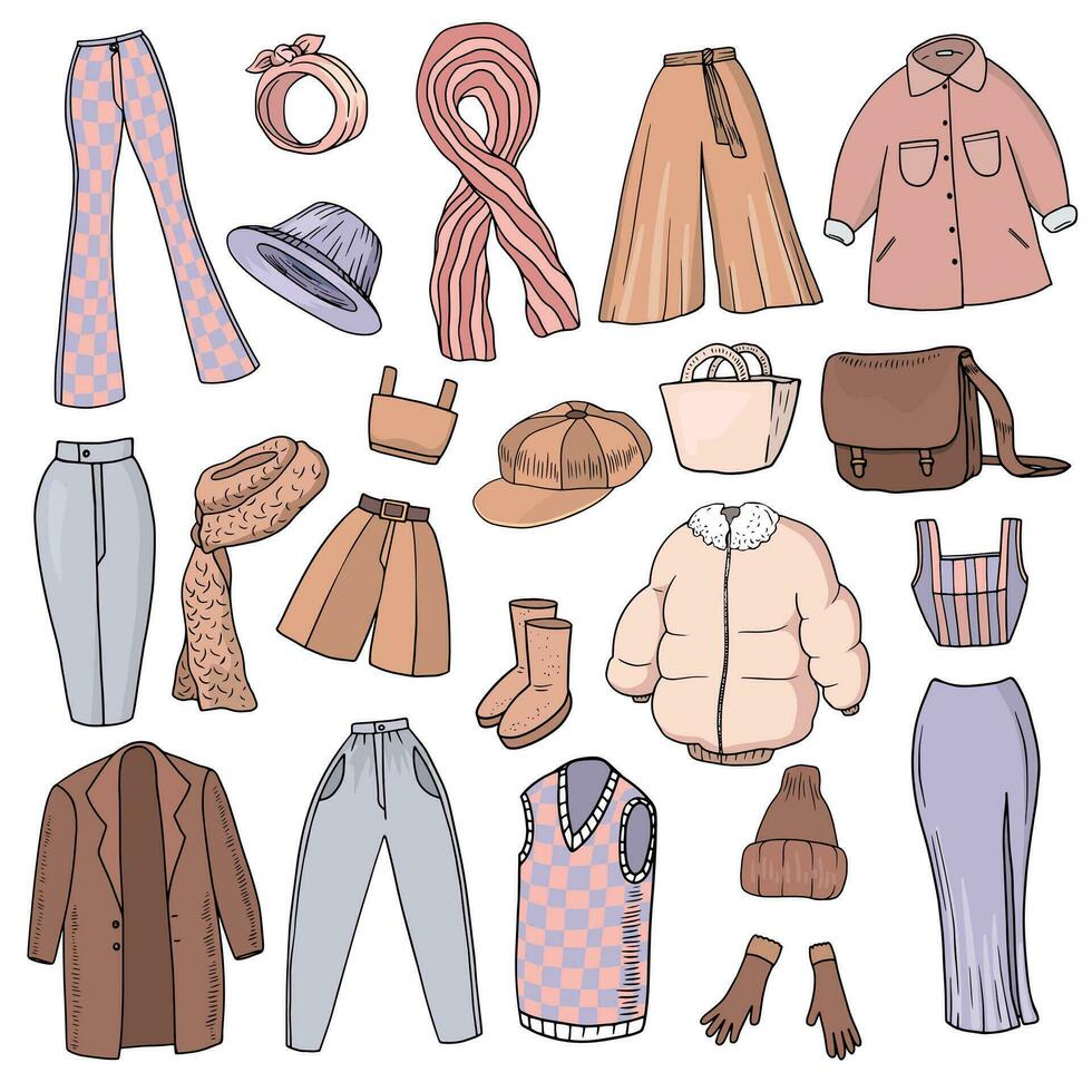 conjunto de ropa para mujer. invierno cosas recopilación. bufanda, mamá vaqueros, invierno chaqueta, abrigo, lápiz falda, chaleco, culottes, de gran tamaño camisa, bermudas, acampanado pantalones, sombrero, guantes, Mensajero bolso vector