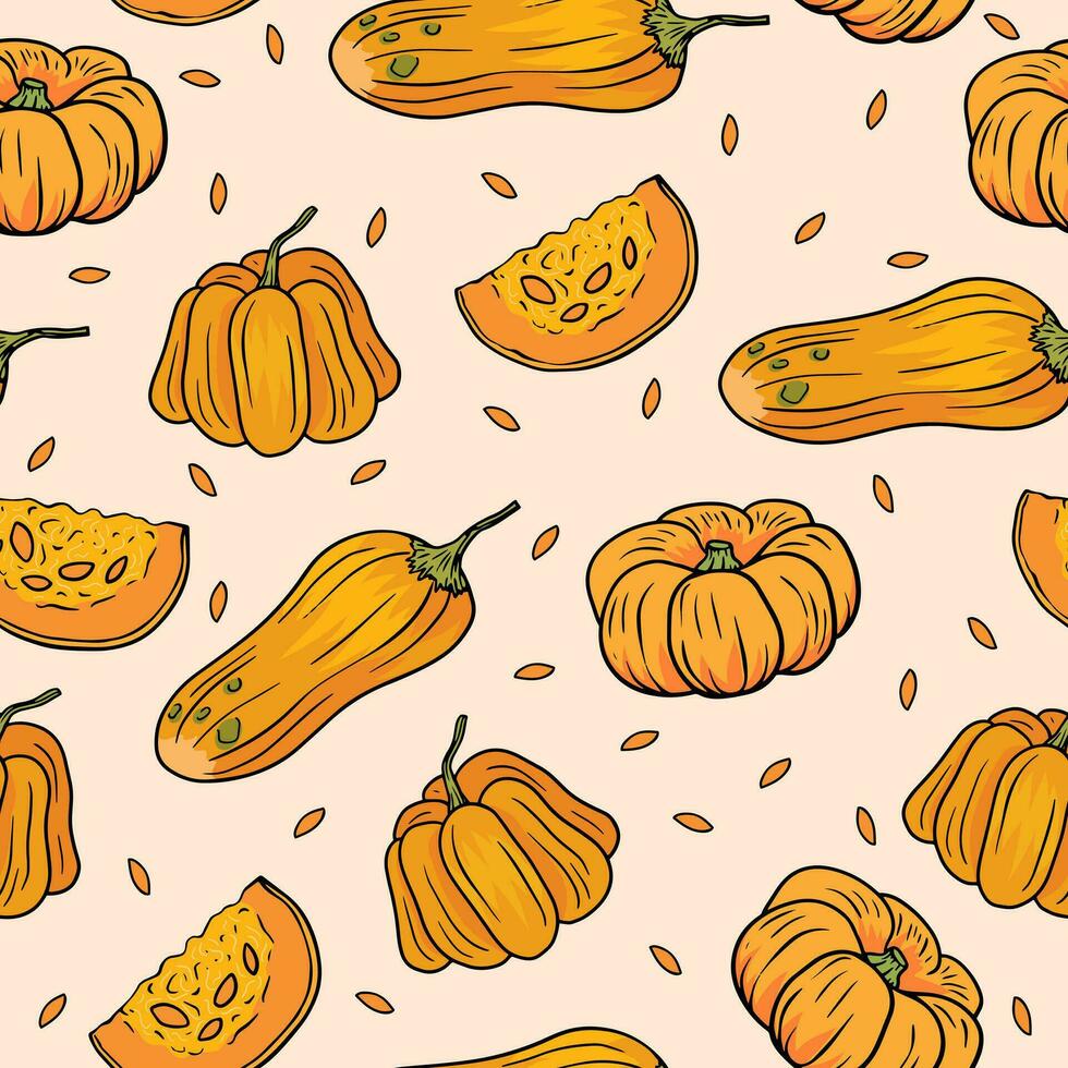Seamless pattern with different pumpkin and seeds on beige background vector