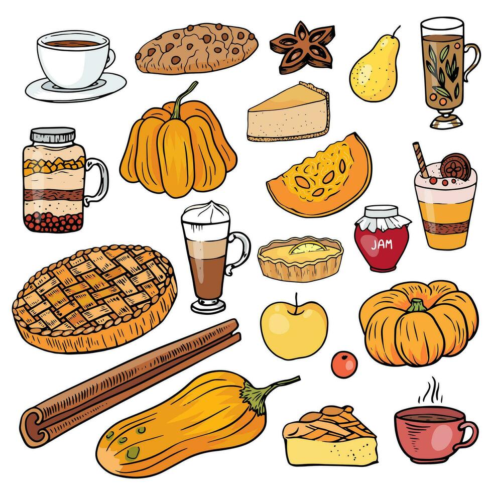 conjunto de otoño comida y beber. calabaza, tarta, tarta de queso, Galleta, limón tarta, taza de té, café latté , especias, canela, anís, mermelada, Pera y manzana. colección de postres vector