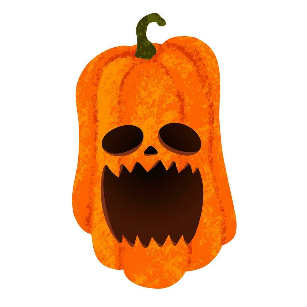 linda tallado calabaza con un tonto y contento cara aislado en blanco antecedentes. Víspera de Todos los Santos calabaza pintado con tiza vector