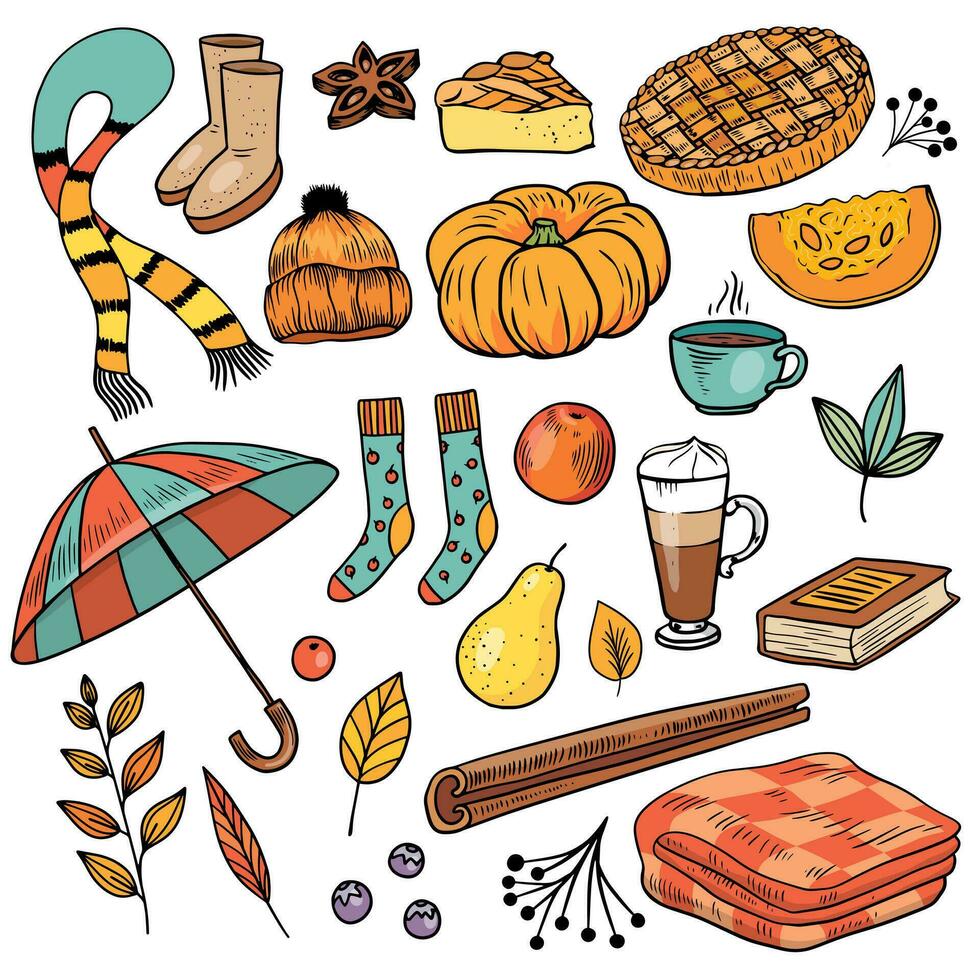 conjunto de otoño acogedor elementos. calabaza, hojas, paraguas, bufanda, taza de té, café, especias, medias, tarta, tartán, sombrero. colección de garabatear ilustraciones vector