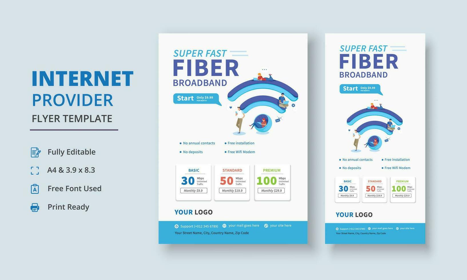 Super Fast Fiber Broadband Flyer, Internet Service Provider Flyer Template, Internet Service Provider Dl Flyer, Internet Service Provider Roll Up Banner vector