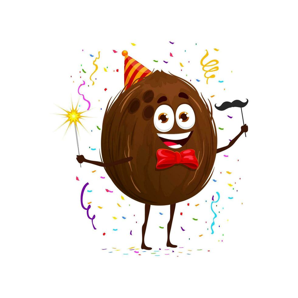 Cartoon coconut nut character on birthday holiday vector