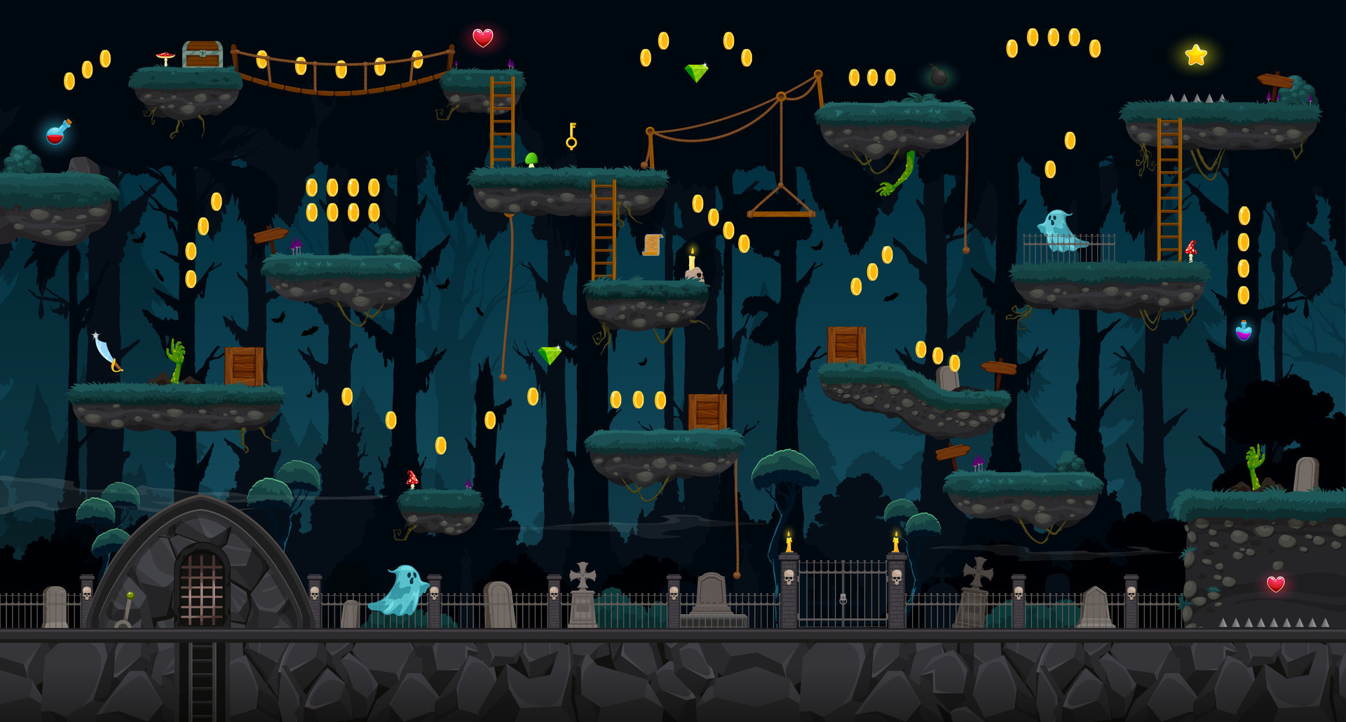 Cemetery game level map, ui vector night graveyard 26620498 Vector Art