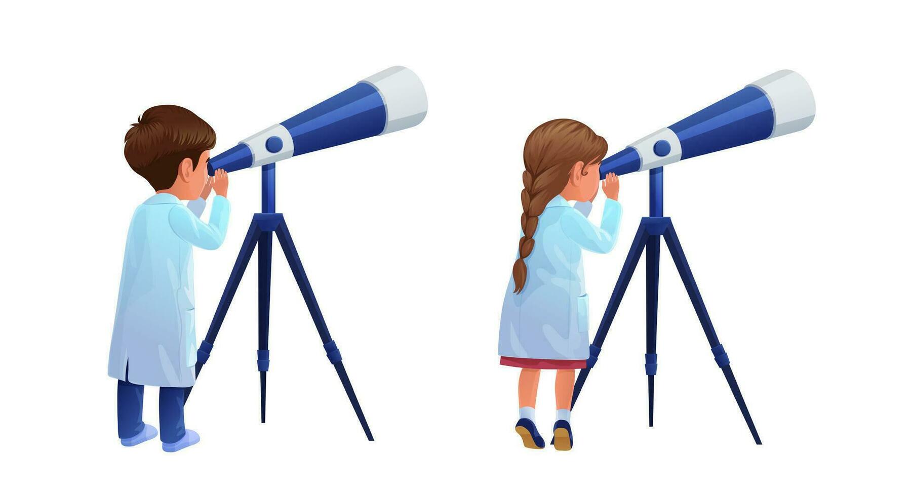 Cartoon boy and girl kids look through a telescope vector