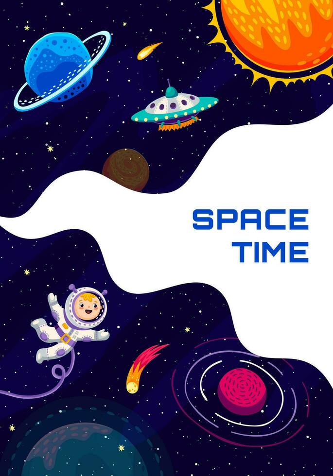 Space poster, kid astronaut in outer space and ufo vector