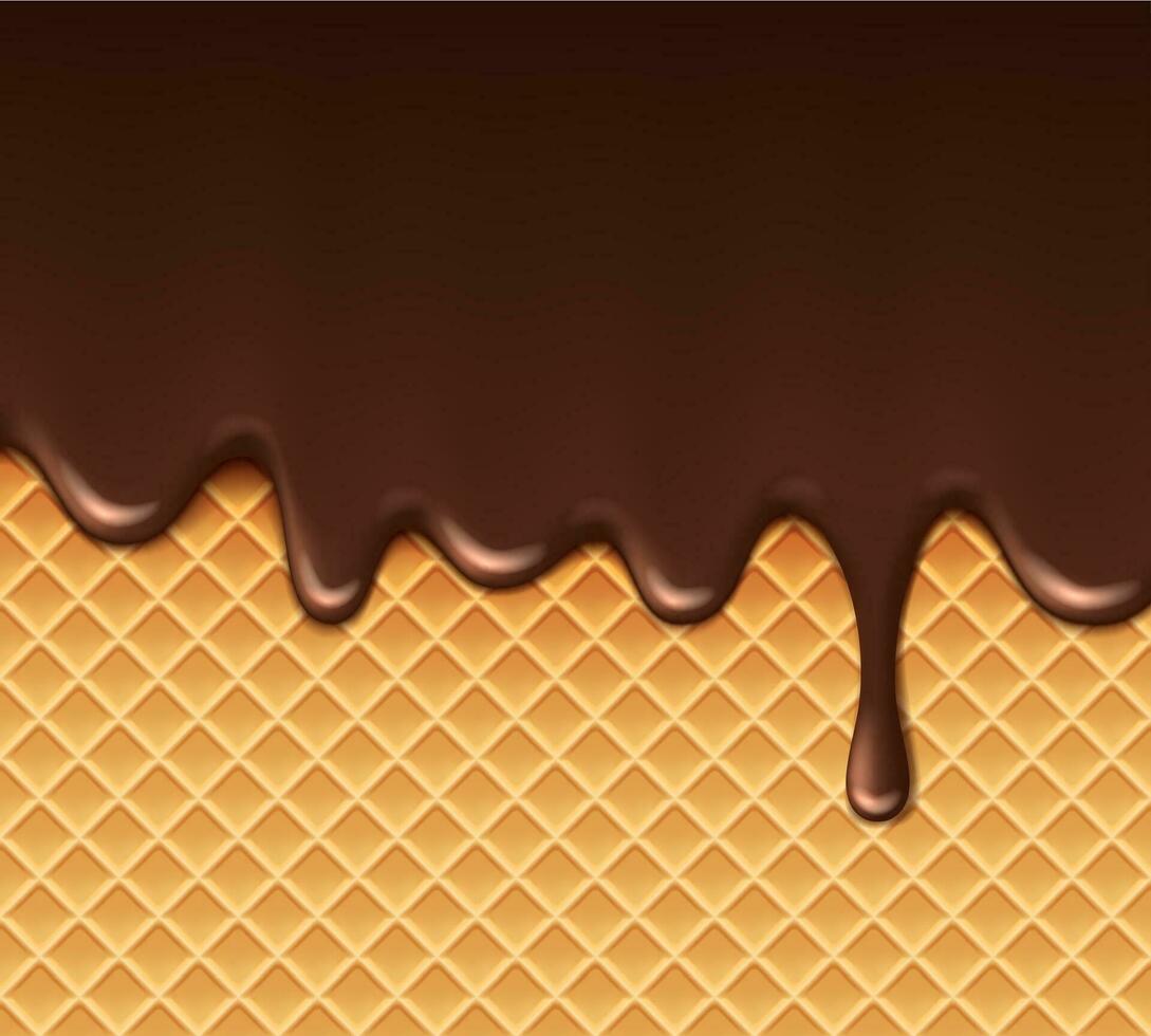 Realistic melt chocolate drip on wafer background vector