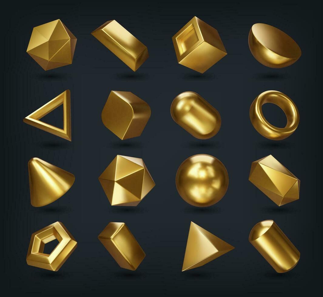 Realistic 3d golden math geometric shapes set vector