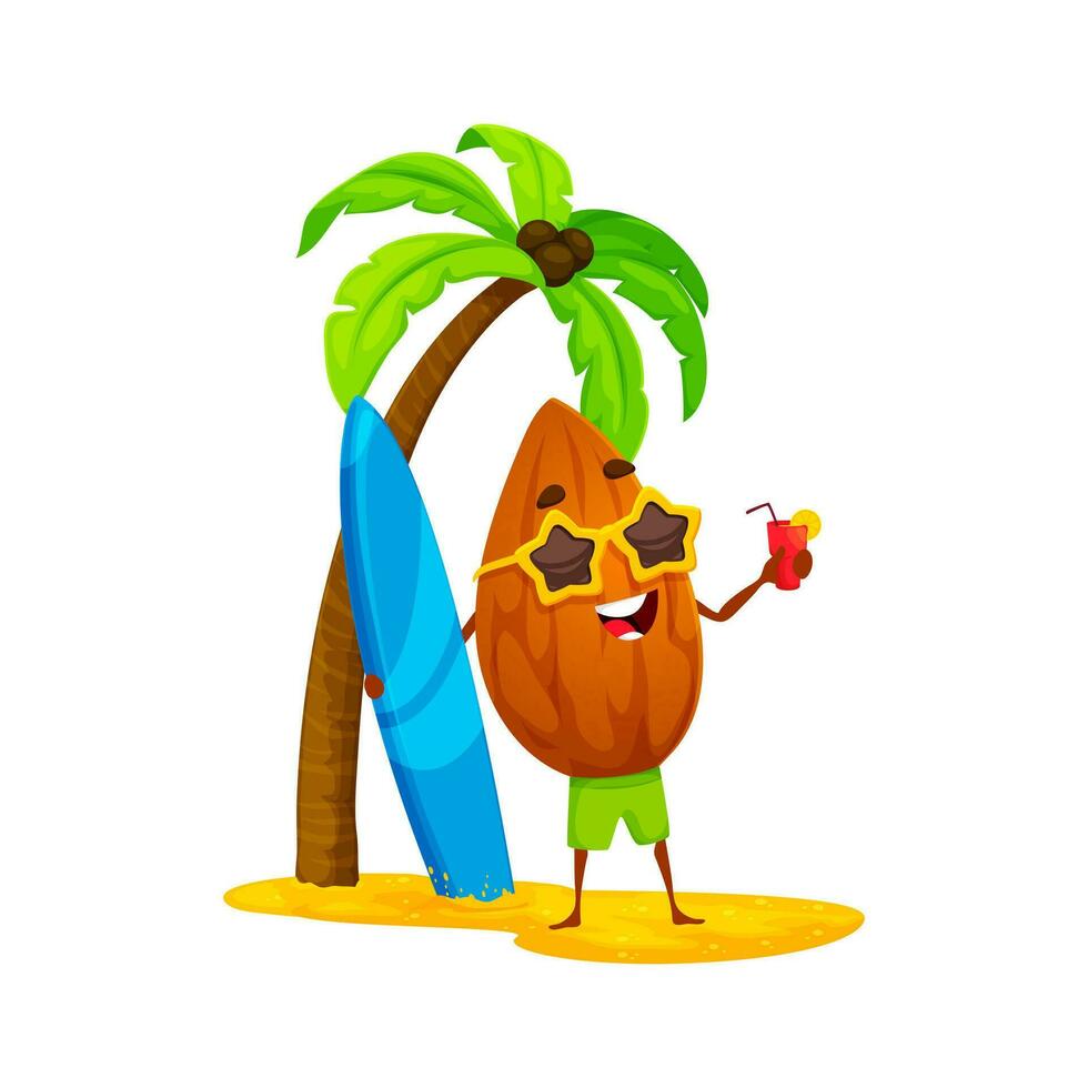 Cartoon almond character with surfboard on beach vector