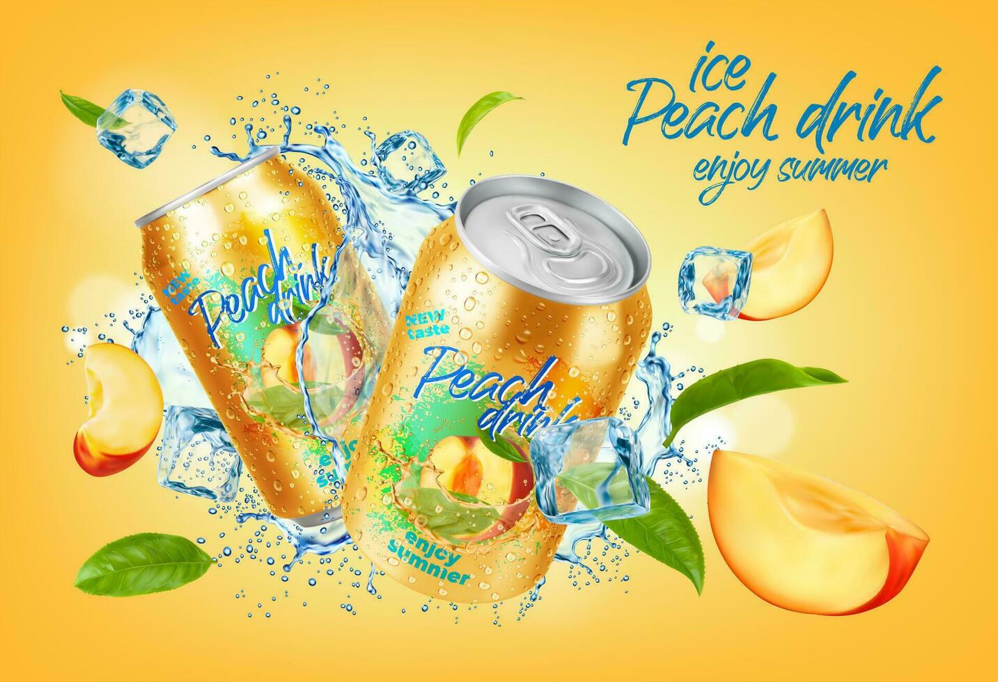 Ice peach drink can. Fruit, water swirl splash vector
