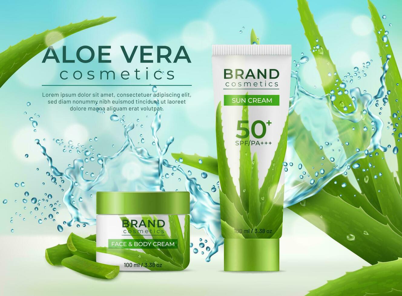 verde áloe vera productos cosméticos con agua chapoteo, crema vector