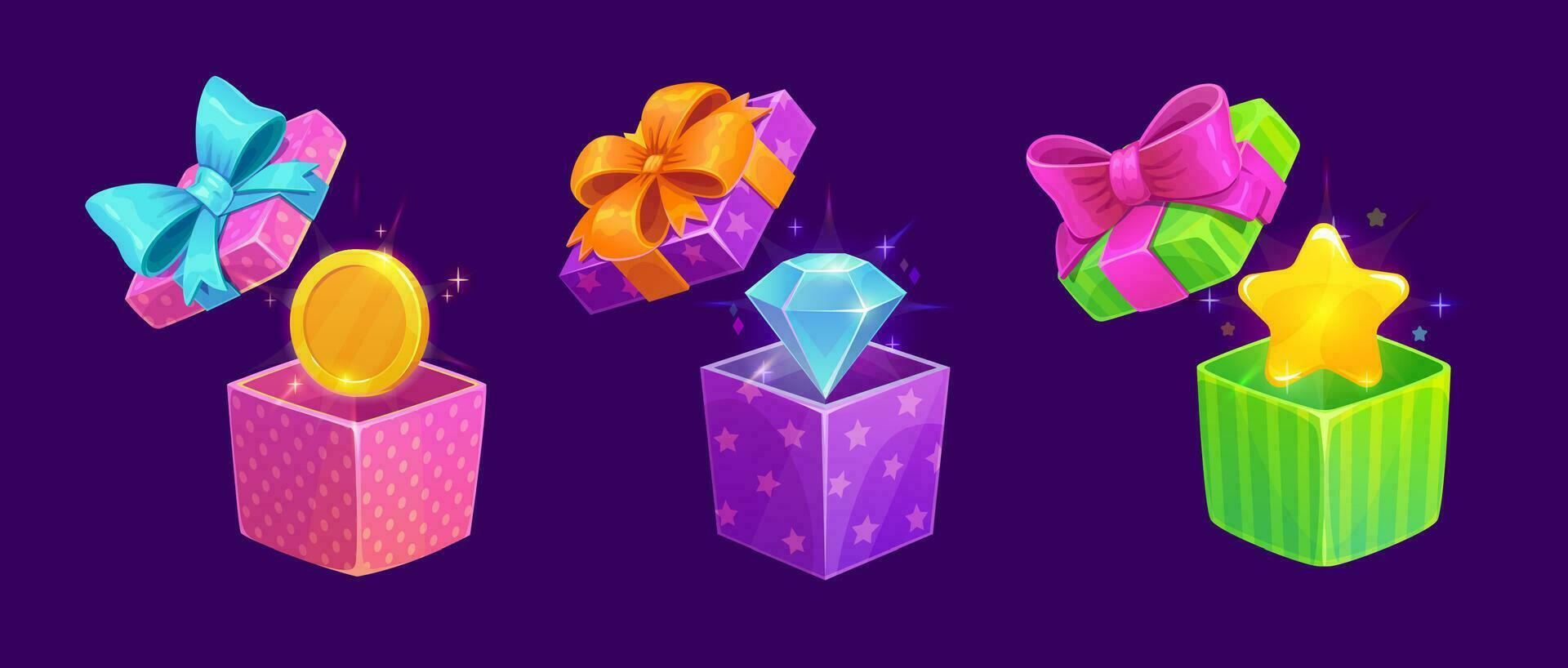 juego regalo cajas dibujos animados prima, presente y recompensa vector