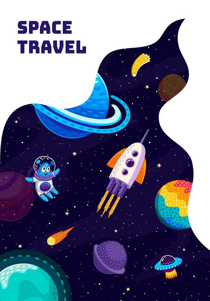 Space travel poster. Cartoon flying rocket, alien vector