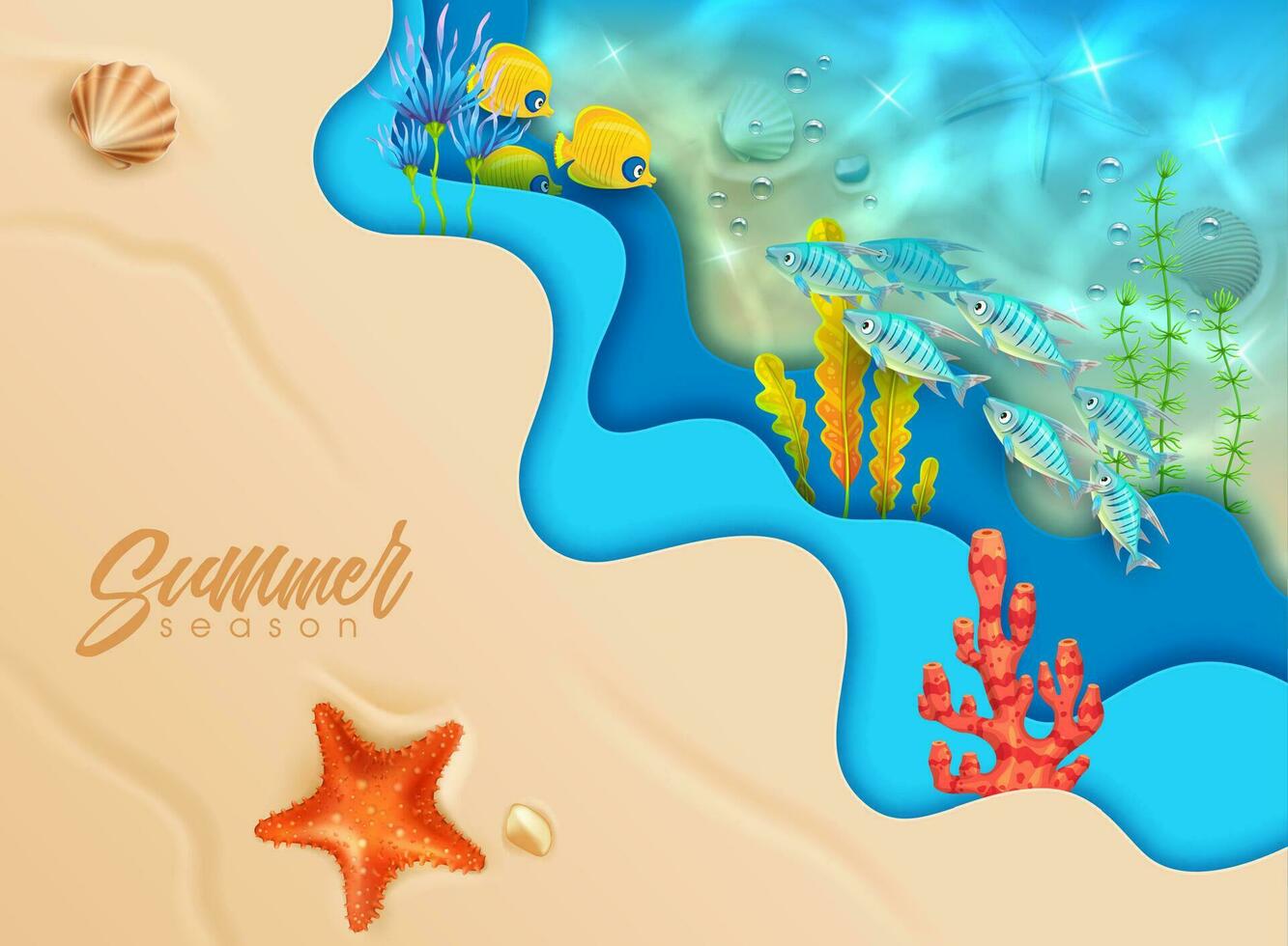 Sea waves paper cut banner with sand and fishes vector