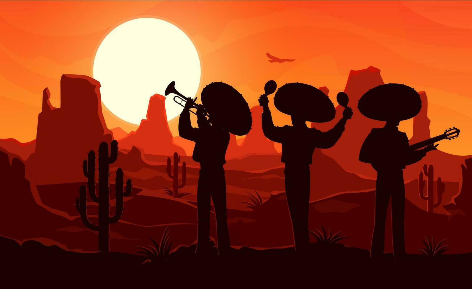 Mexican mariachi musicians silhouettes at desert vector