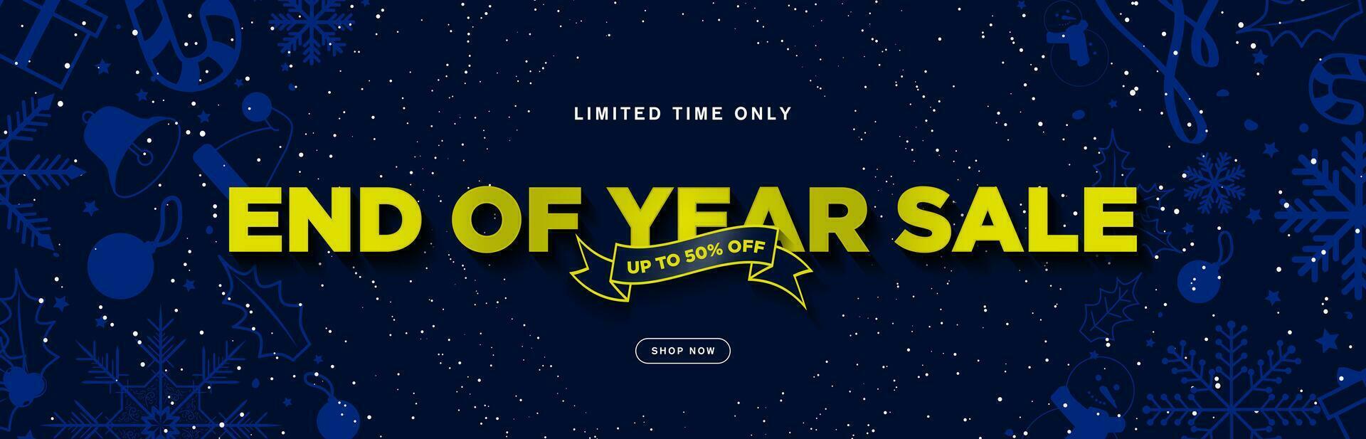 End of Year Sale Typographic Text Sales Banner with up to 50 off discount tag and shop now CTA button on midnight blue background. Blue Christmas elements. Editable Vector Illustration. EPS 10.