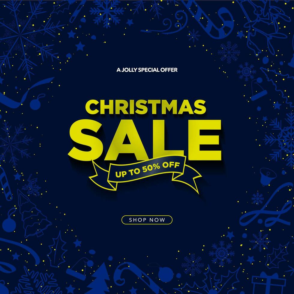 Elegant Christmas Sale card poster with yellow Up to 50 off lettering on midnight blue background in framed with hand drawn Christmas elements and shop now CTA button. Vector Illustration. EPS 10.