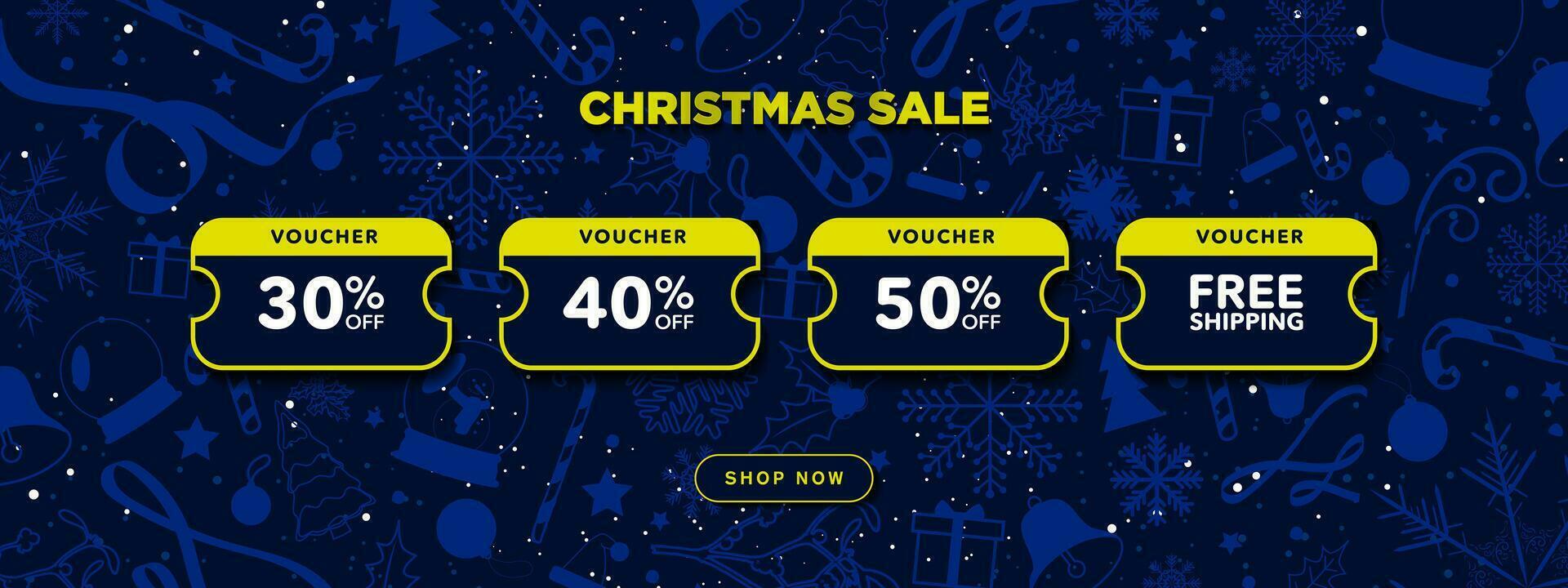 Online Christmas Voucher Coupons on teal blue banner with Christmas patterns and designs. 50 and Free delivery discount coupons with shop now CTA button. Merry Christmas. Vector Illustration