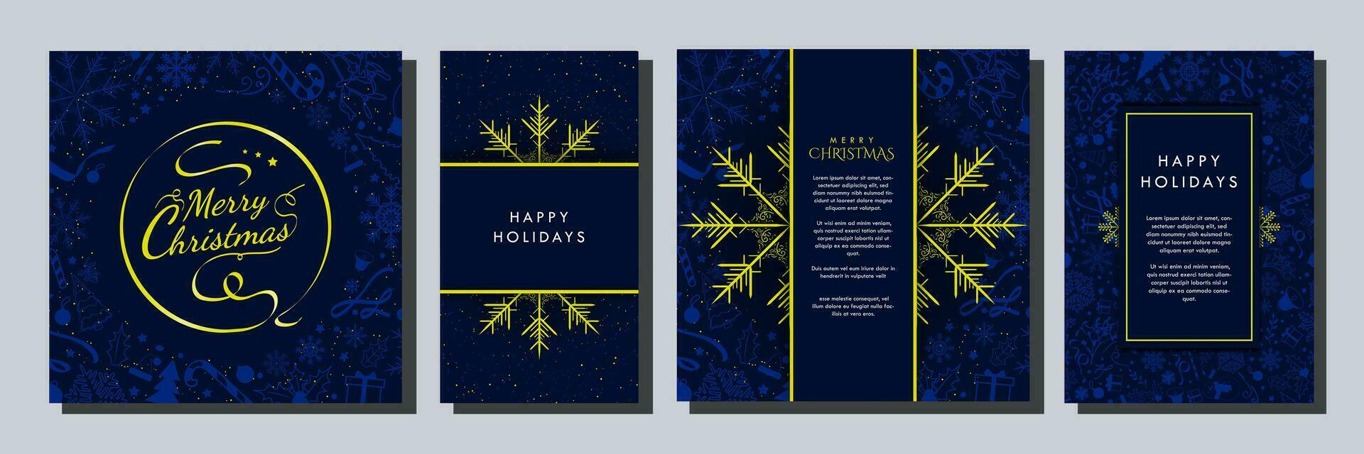 Set of Midnight Blue and Yellow Christmas Template Designs. Beautiful Monochromatic Christmas Backgrounds with blue soft Christmas element patterns. Social Media Story, Card, a4 Poster. Vector. EPS 10 vector