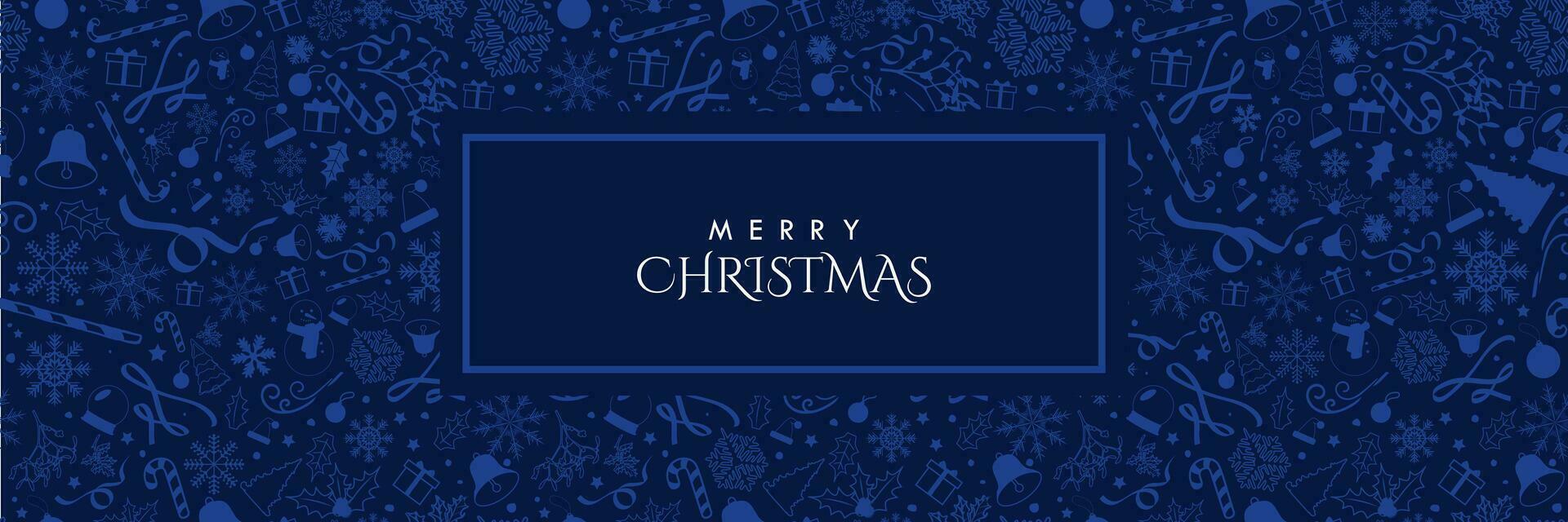 Seamless Monochromatic Dark Blue Christmas banner with blue Christmas elements and copy space in center. Vector Illustration. EPS 10. Perfect for banners, headers, covers, prints, repeating patterns.