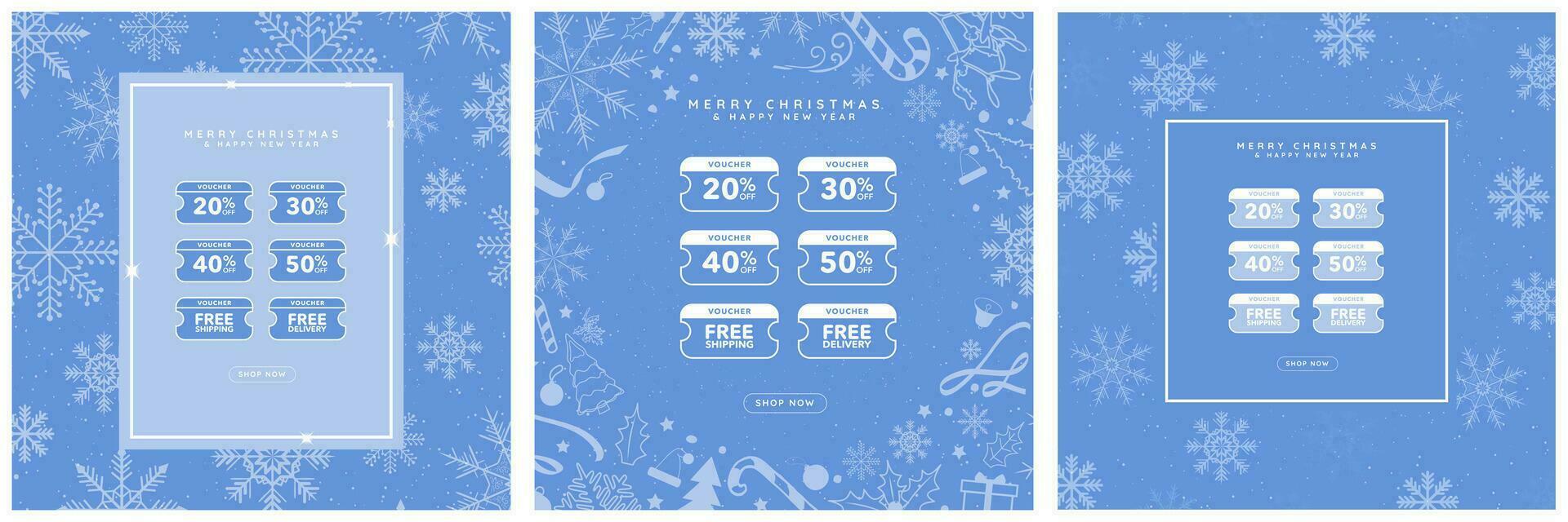 Blue Christmas special sale online vouchers posters with shop now CTA button. Group of Christmas Voucher Bundle. Christmas digital 50 coupon, free shipping, free delivery. Vector Templates.