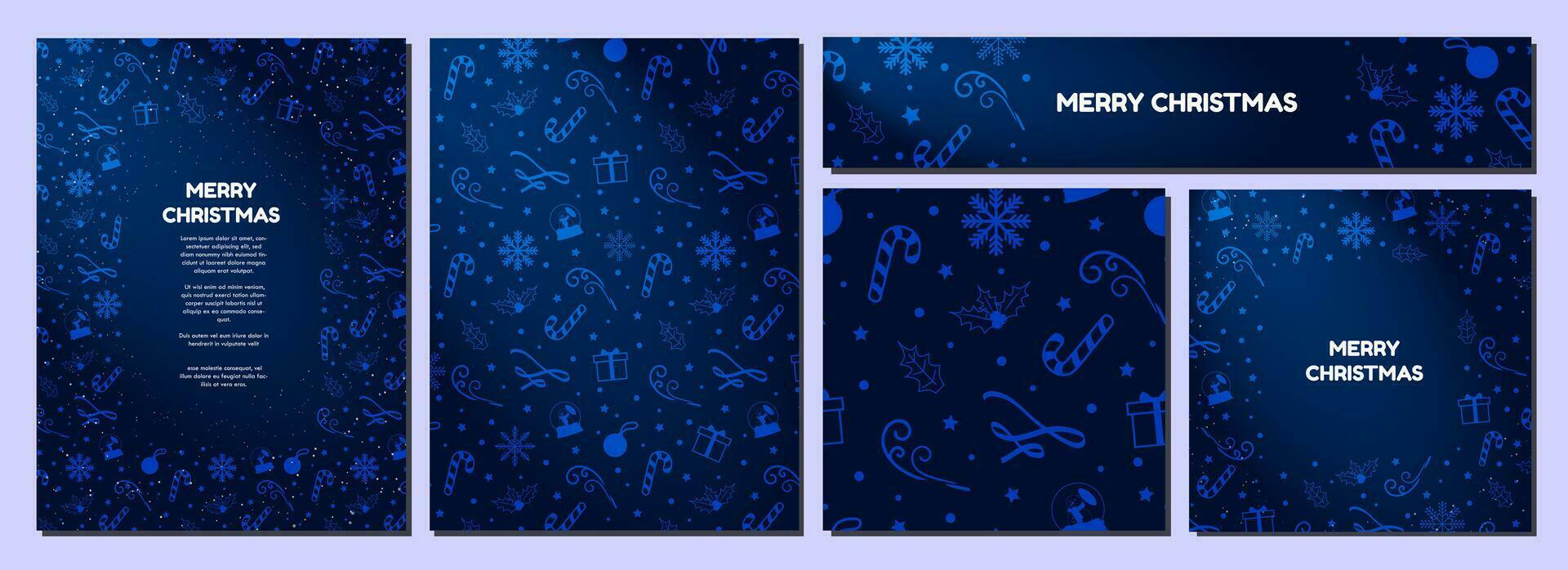 Stylish Christmas theme Backgrounds in gradient midnight blue, decorated with blueberry blue Christmas elements. Beautiful winter templates. Card, banners, posters, square pattern. Vector Illustration