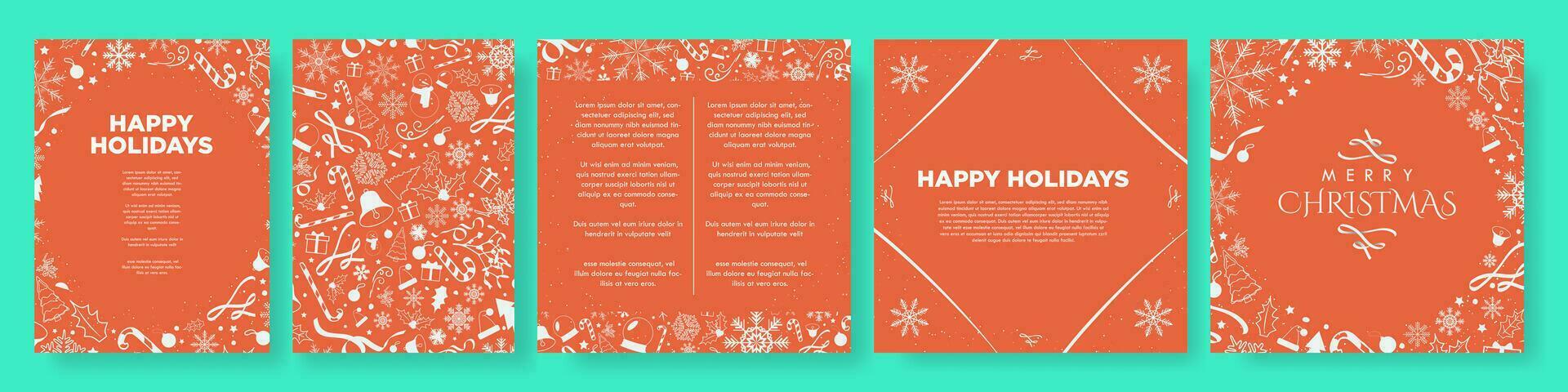 Red and Cyan Christmas Greeting Posters, greeting cards. Red Christmas Template layouts. Posters, banners, cards. Snowglobe, candy cane, tree, gifts. Vector Illustration. EPS 10.