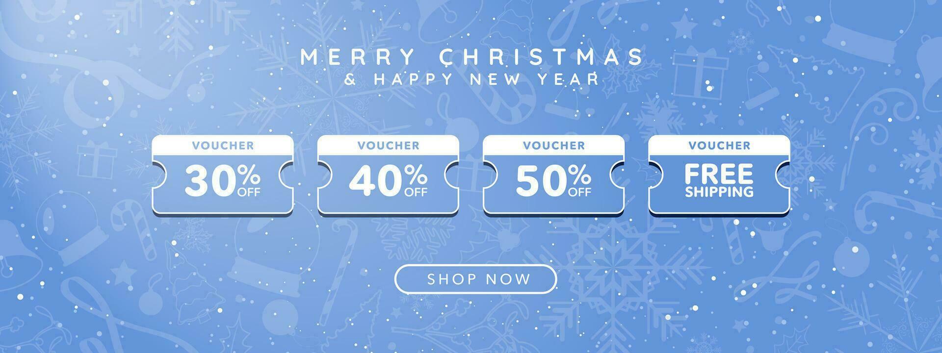 Online Christmas Voucher Coupons on teal blue banner with Christmas patterns and designs. 50 and Free delivery discount coupons with shop now CTA button. Merry Christmas. Vector Illustration.