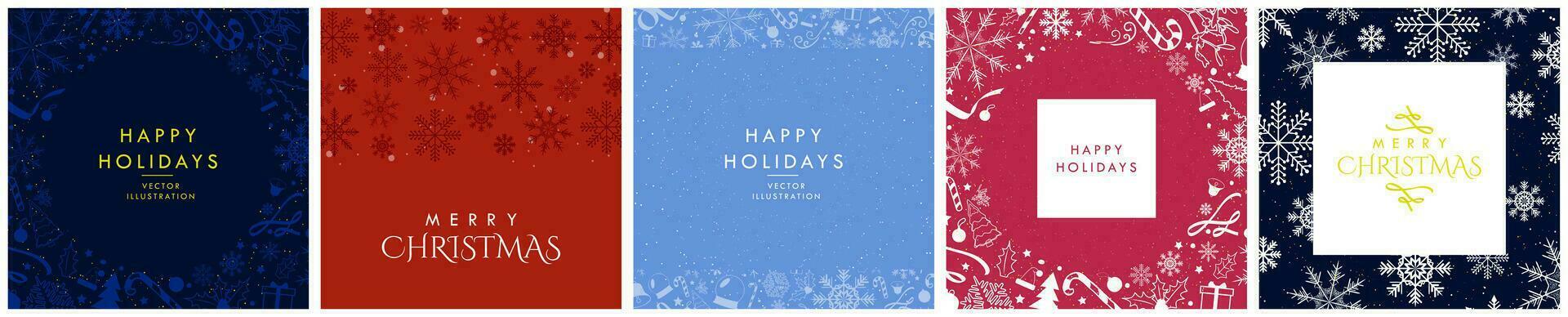 Merry Christmas and Happy New Year Set of greeting cards, posters, holiday covers. Elegant Xmas design in midnight blue, red, teal blue, magenta, and dark blue. Nad drawn christmas elements. EPS 10. vector