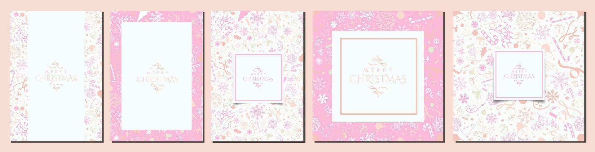 Set of White and Pink Pastel Christmas Background Designs. Beautiful White Christmas Templates with Christmas elements in pink, yellow, peach, magenta. A4 Posters, Greeting Cards, Banners. Vector Art.
