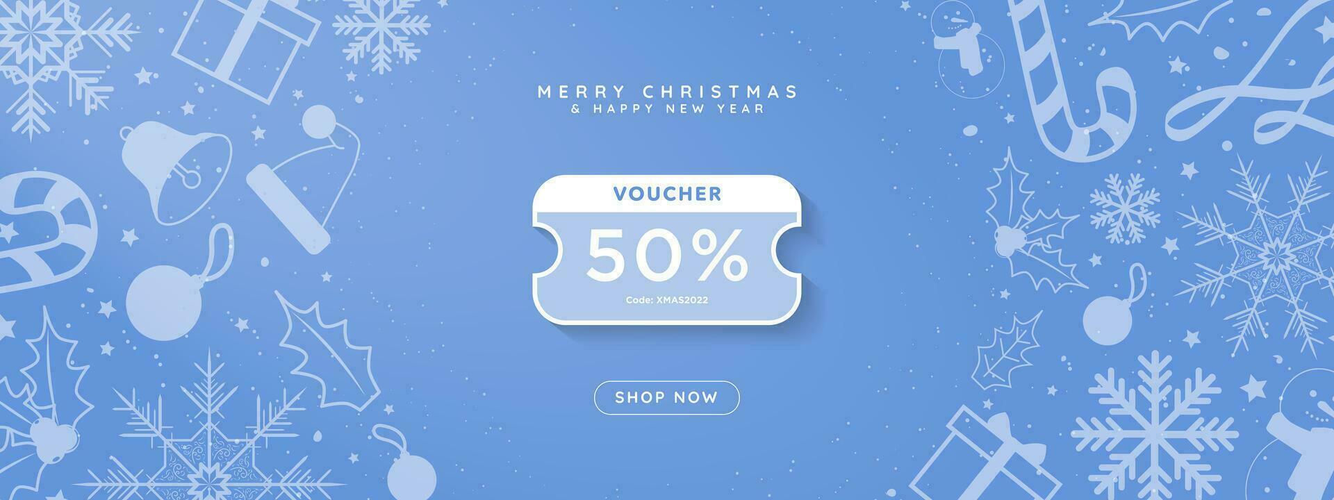 Simple White and Teal Blue Online Christmas 50 Voucher decorative christmas elements and Shop Now CTA Button. Pop up coupon with space for code and 50 off. Editable Vector Illustration. EPS 10.