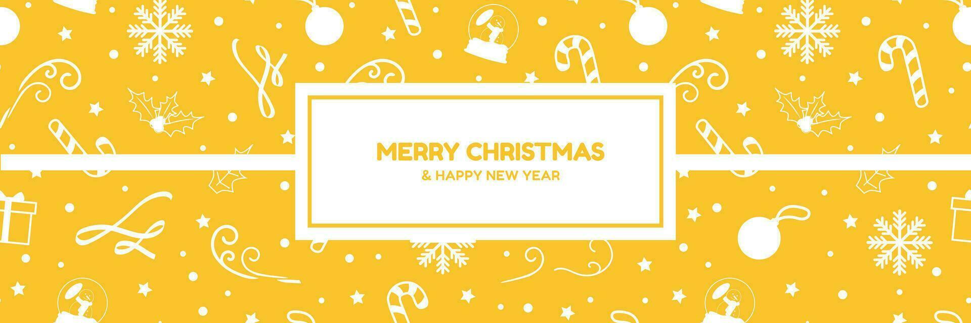 brillante alegre Navidad bandera con blanco dibujado a mano Navidad elementos en amarillo antecedentes. blanco Navidad pelotas, copos de nieve, cintas, regalos, caramelo caña. vector ilustración. eps 10