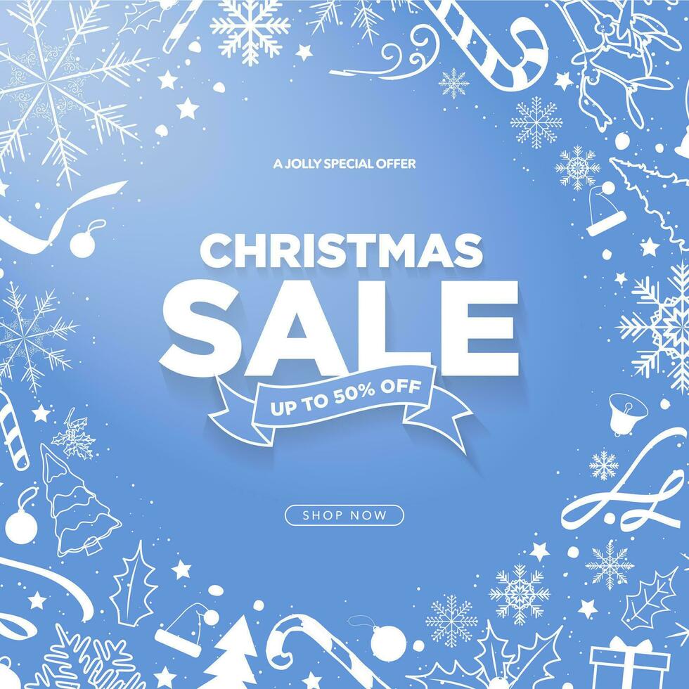 Teal Blue Christmas Sale Sign card poster with Up to 50 off lettering with hand drawn Christmas elements and shop now CTA button. Vector Illustration. EPS 10