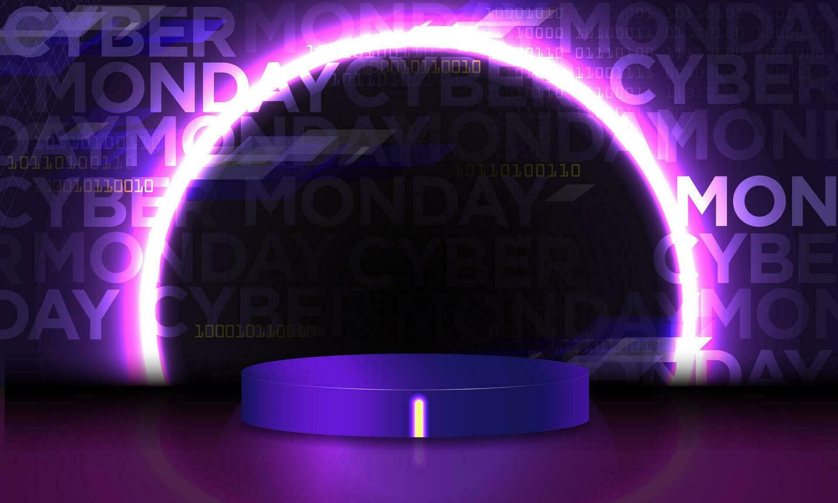 3D Rendered Cyber Monday Studio background with neon podium product display glowing ring, cyber Monday lettering. Vector Illustration. EPS 10.