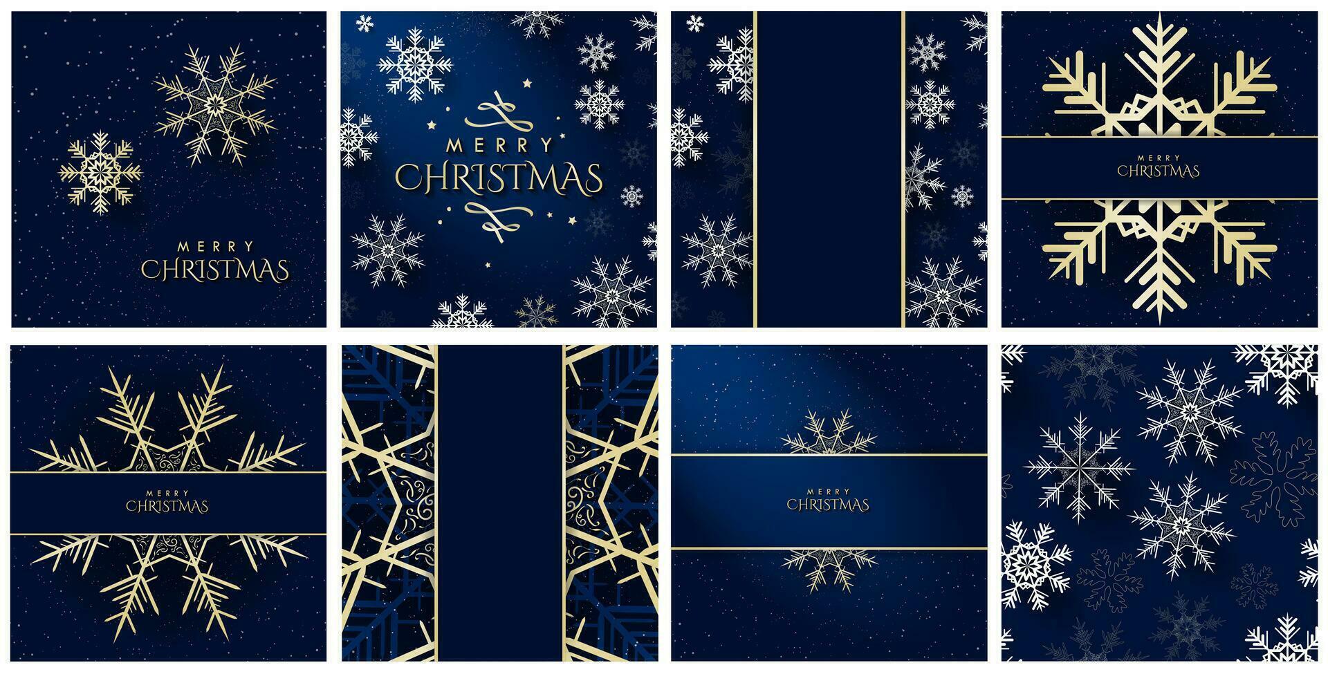 Set of Trendy and Beautiful Christmas Cards with 3d white and bright snowflakes on dark blue background. Snowflake pattern. Perfect for winter-themed and christmas templates. Vector Illustration.