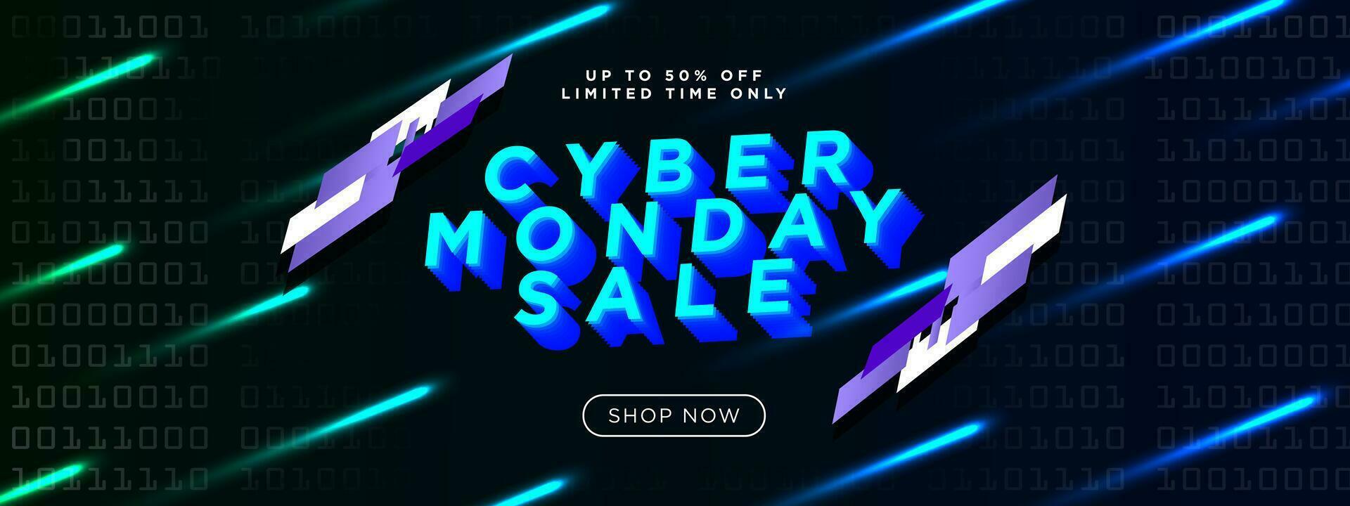 Creative Cyber Monday Sale Signage with Typographic design, up to 50 off text and shop now button. Dark background with beams of light. Vector illustration. EPS 10.