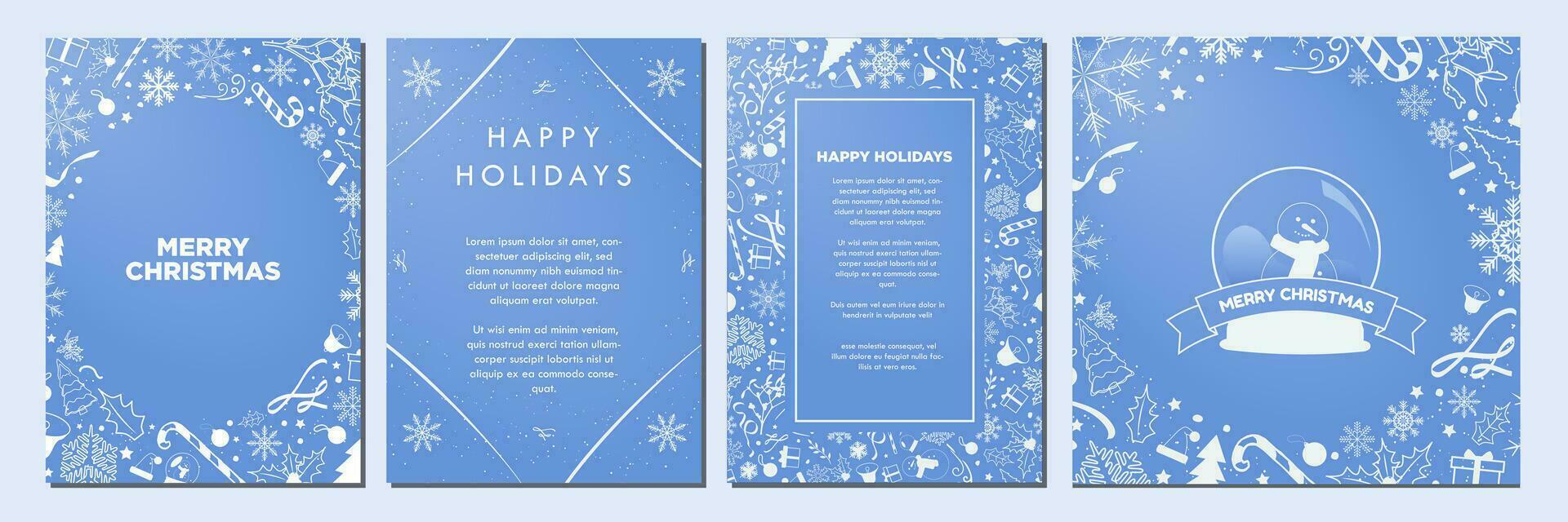 Teal Blue and White Christmas Template Designs. Beautiful Monochromatic Christmas Backgrounds with blue soft Christmas element patterns. Poster, Card, A4. Editable Vector Illustration.