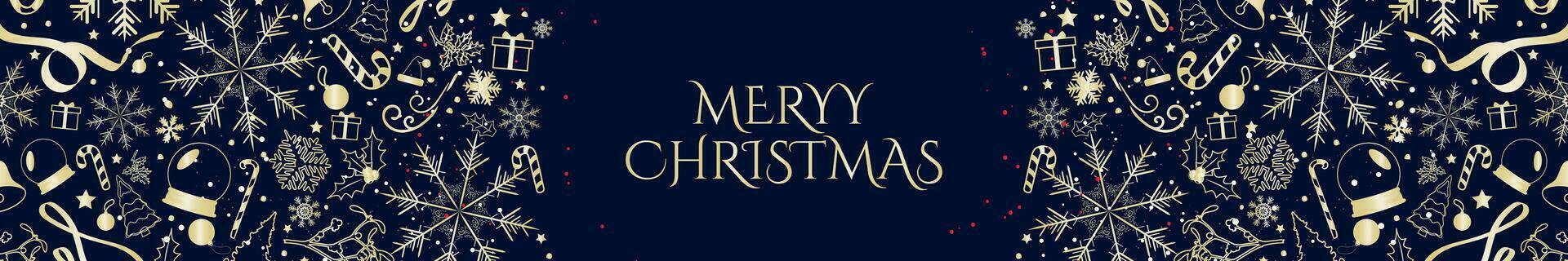 Golden Christmas Header Template on blue background. Decorative and elegant Christmas Horizontal Banner with gold xmas designs and icons. Merry Christmas. Vector Illustration. EPS 10.