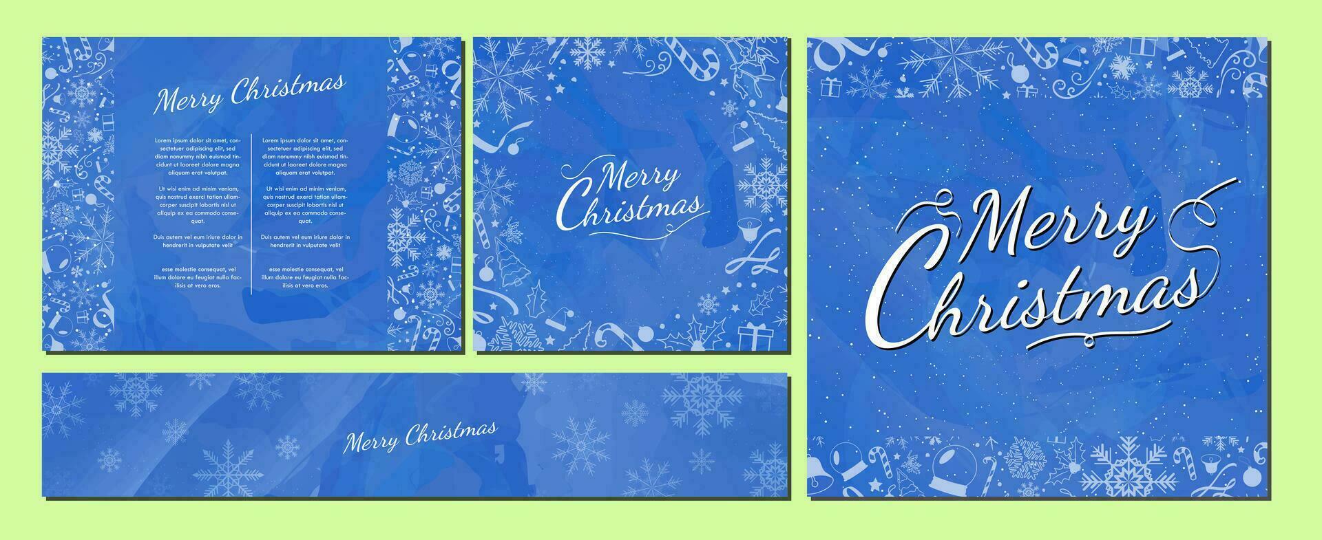 Set of Textured Teal Blue Christmas Background Templates with Merry Christmas Greeting Typography and monochromatic Christmas pattern elements. Editable Vector Illustration. EPS 10.