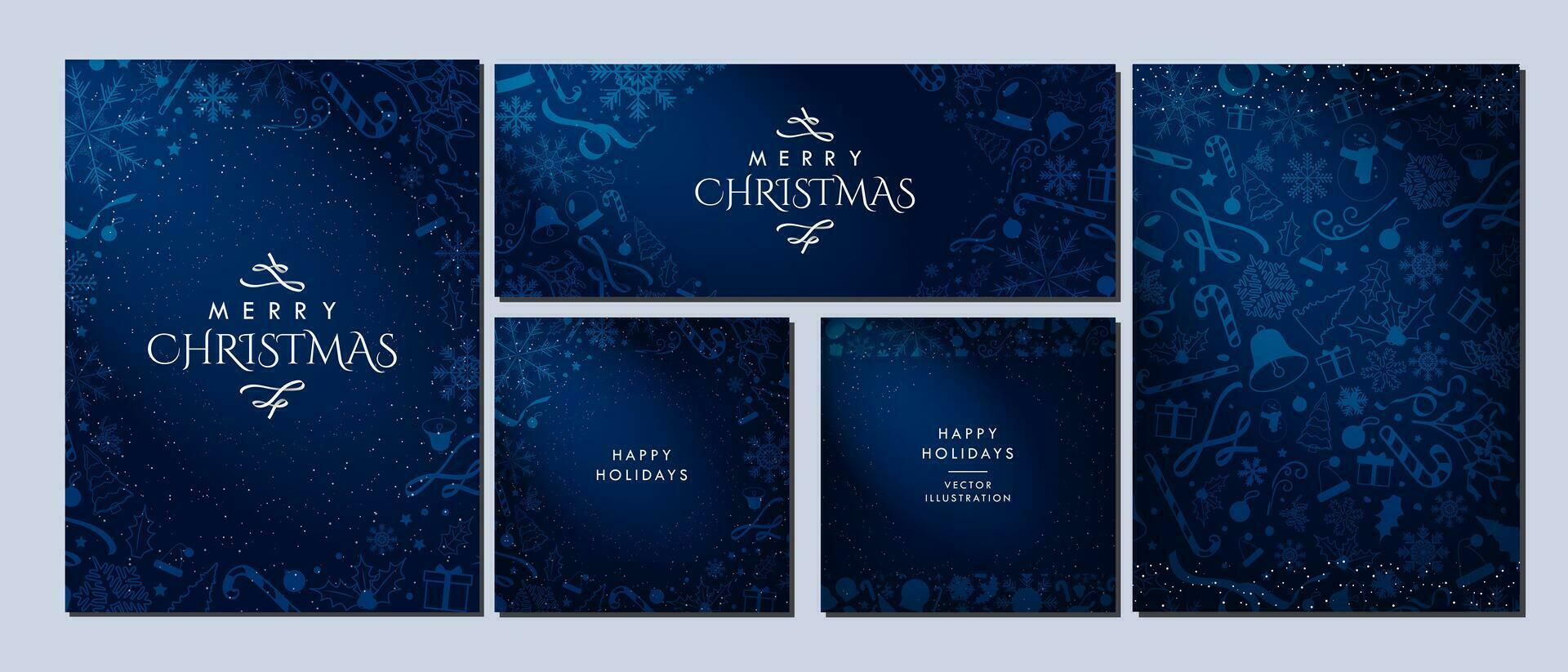 Stylish Christmas theme Backgrounds in gradient midnight blue and yellow, decorated with Blue Christmas elements. Beautiful minimalist Winter templates. Card, banners, posters. Vector Illustration.