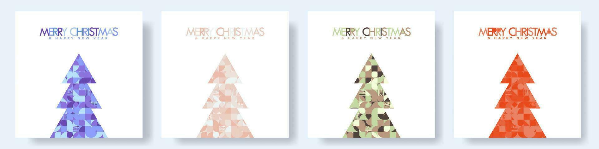 Set of Modern Christmas Card Designs with Geometric Christmas Trees and typography. Simple Geometric Xmas Card Poster templates on white background. Editable Vector Illustration. EPS 10.