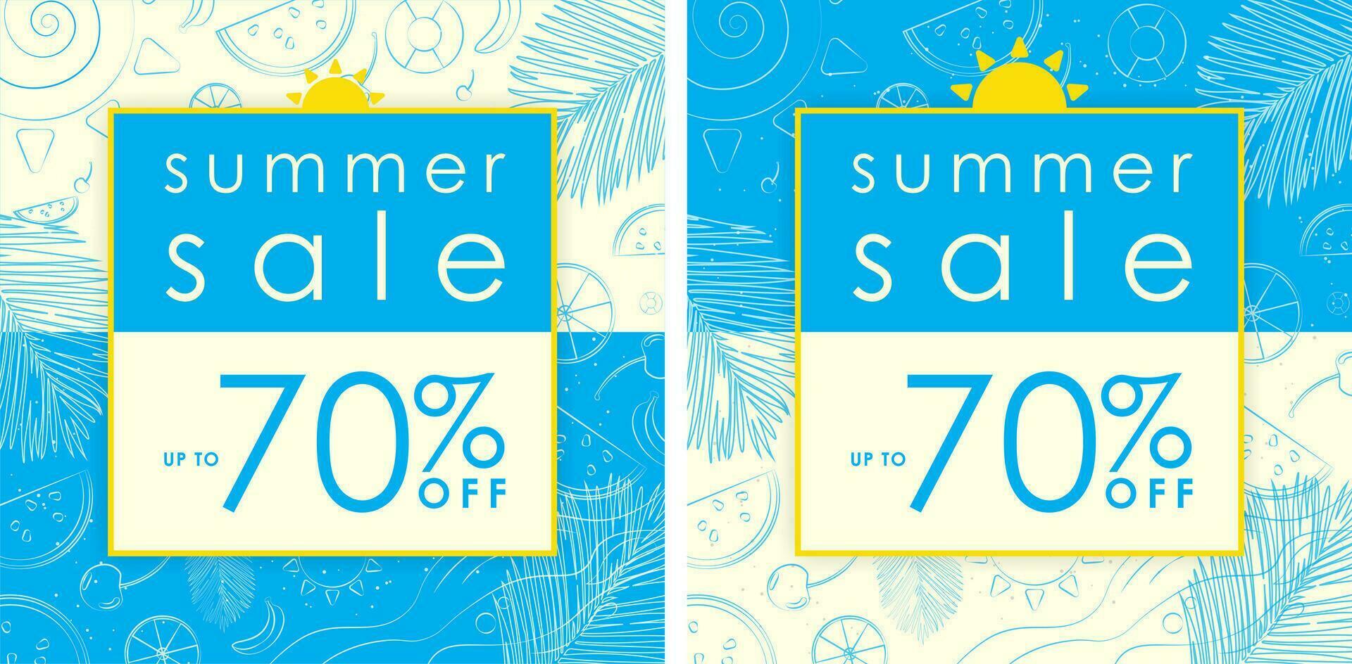 Summer Sale Up to 70 off on Cyan and Light Yellow Background Sale Sign with yellow frame and sun symbol on top. Outline of cherry, lemon, watermelon, sea waves, palm leaf. Free Vector