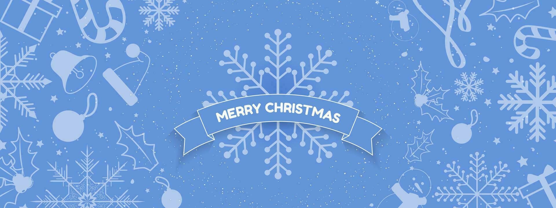 Cute Christmas Holiday Banner with ornamental snowflake and Merry Christmas text greeting on ribbon garland on Teal Blue Background decorated with snowflakes, santa hat, snowman, leaf, wreath. EPS 10. vector