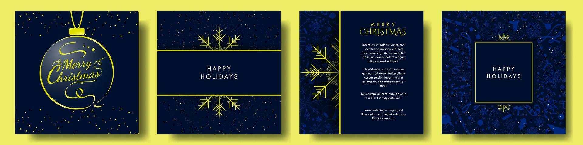 Set of Midnight Blue and Yellow Christmas Template Designs. Beautiful Monochromatic Christmas Backgrounds with blue soft Christmas element patterns. Editable Vector Illustration. EPS 10.