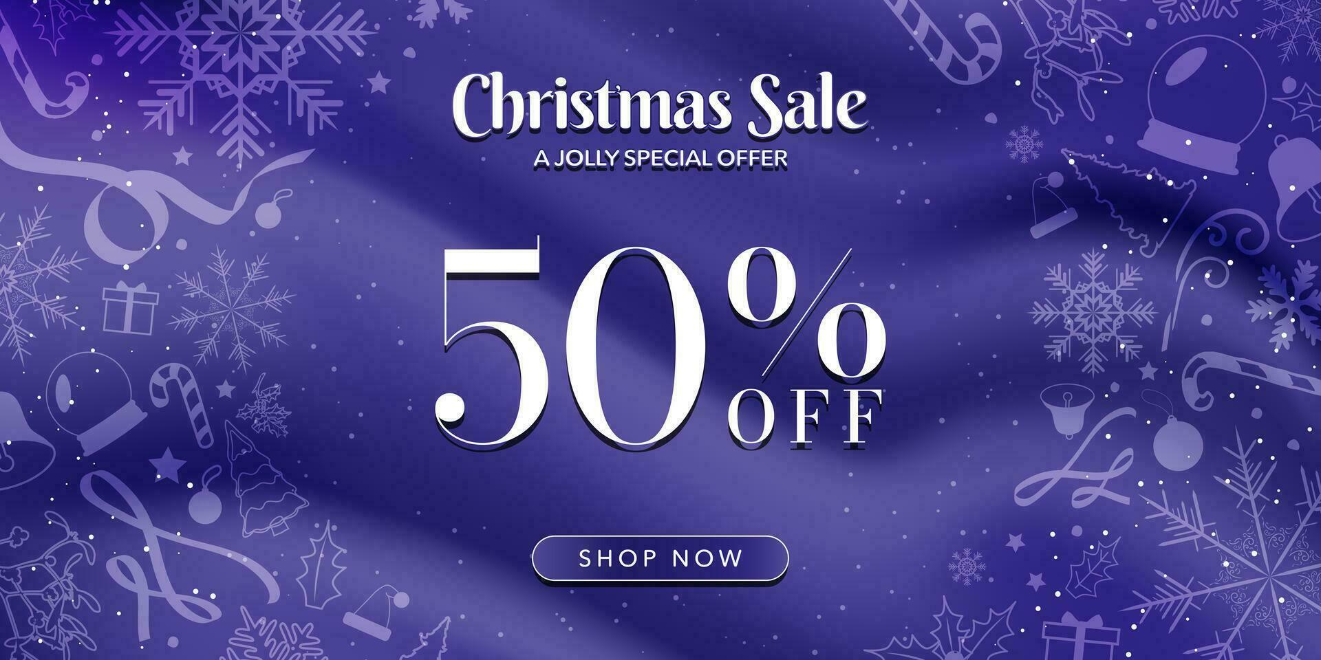 Purple Blue and White Christmas Gradient Banner with 50 off Christmas Sale Sign with Shop Now CTA Button. White Christmas-themed icons and designs. Editable Vector Illustration. EPS 10.