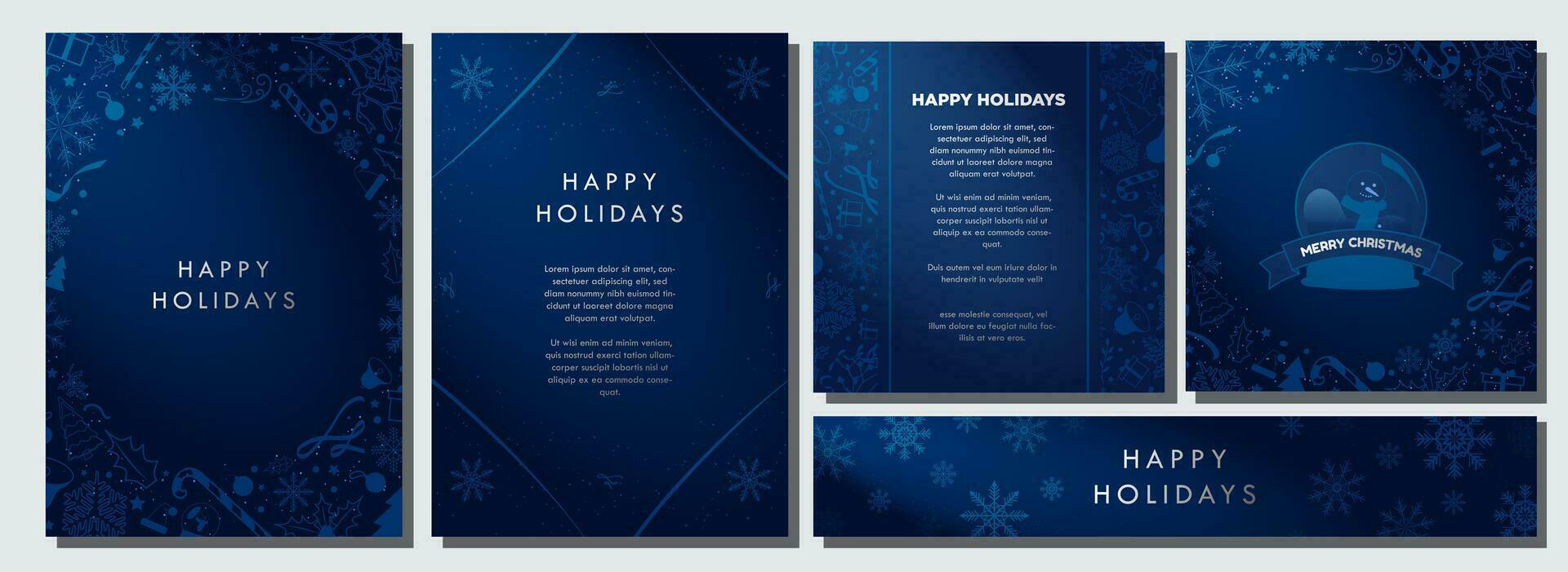 Stylish Christmas theme Backgrounds in gradient midnight blue and white, decorated with Blue Christmas elements. Beautiful minimalist Winter templates. Card, banners, a4 posters. Vector Illustration.
