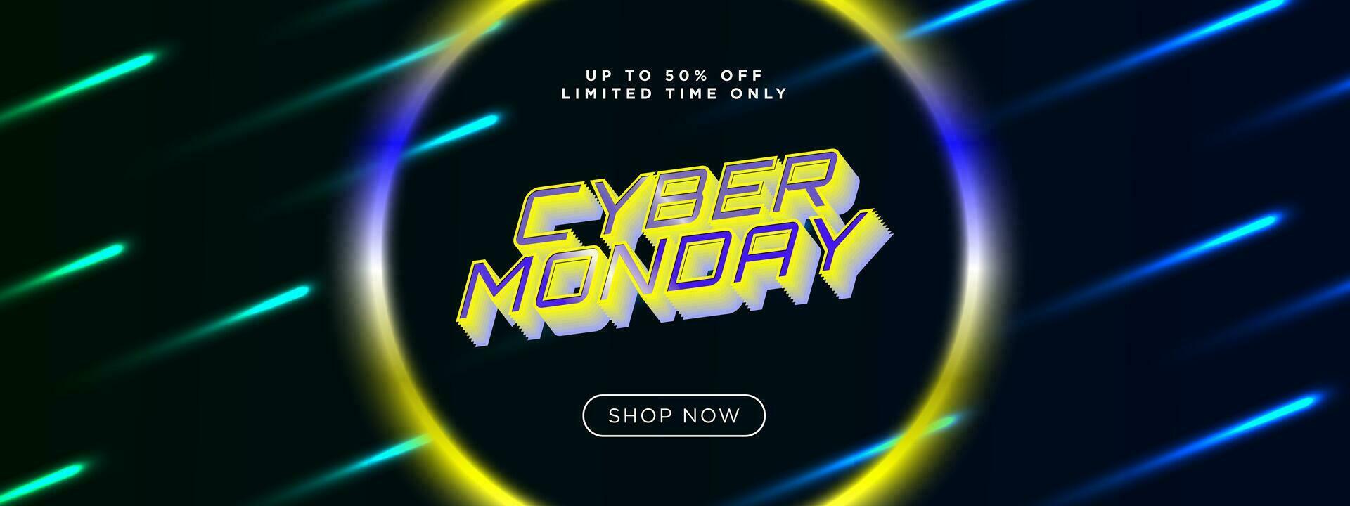 Bright Cyber Monday Sale Banner with shop now CTA button and 50 off sales discount tag on dark background with beams of blue and yellow light and multicolored ring. Vector Illustration. EPS 10.