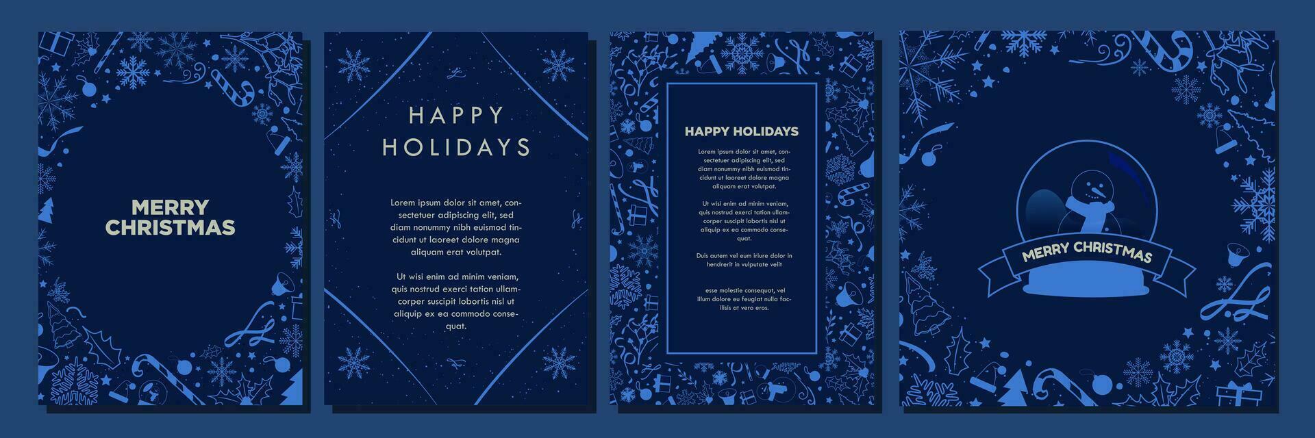 Navy Christmas Template Designs. Beautiful Monochromatic Christmas Backgrounds with teal blue Christmas element pattern ornaments. Greeting Card and poster templates.  Editable Vector Illustration.